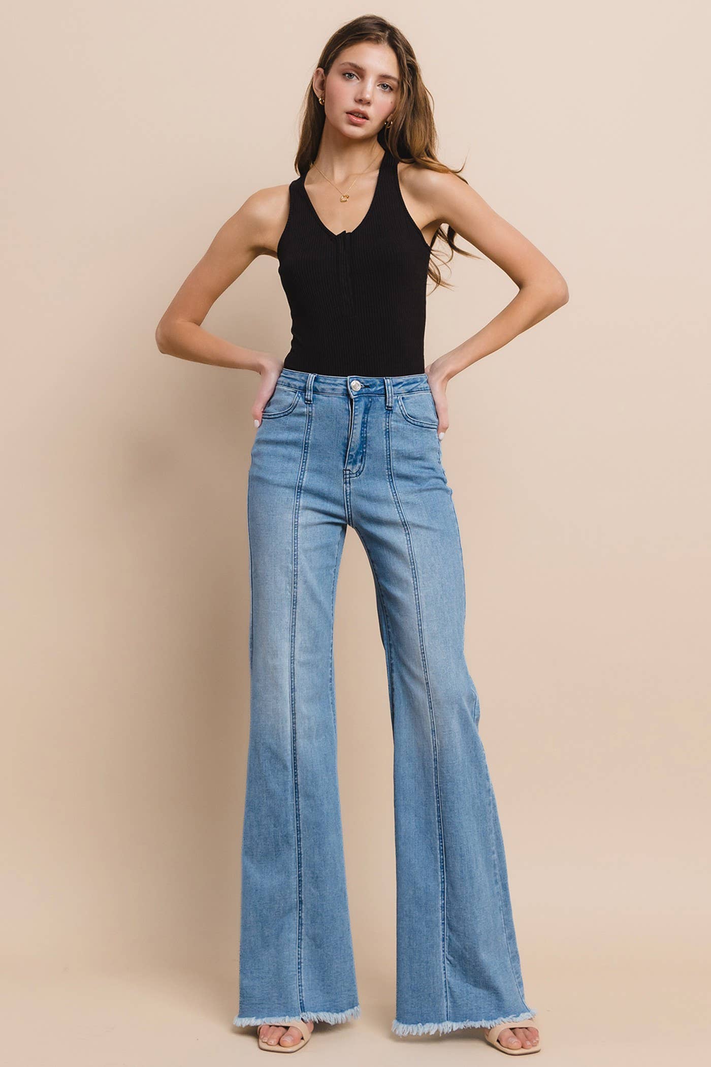 WISTERIA LANE - Wide Leg Palazzo Fit Jeans - Mid Denim