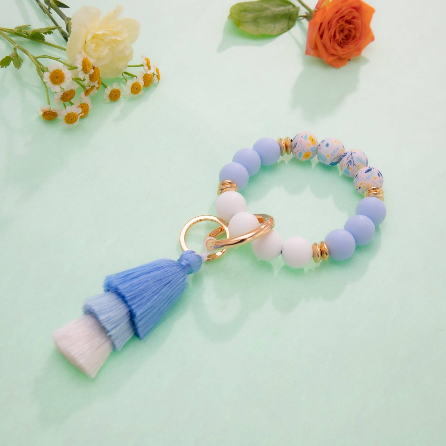 Sparkle Being - Silicone Flower Bracelet Beaded Wristlet Tassel Keychain