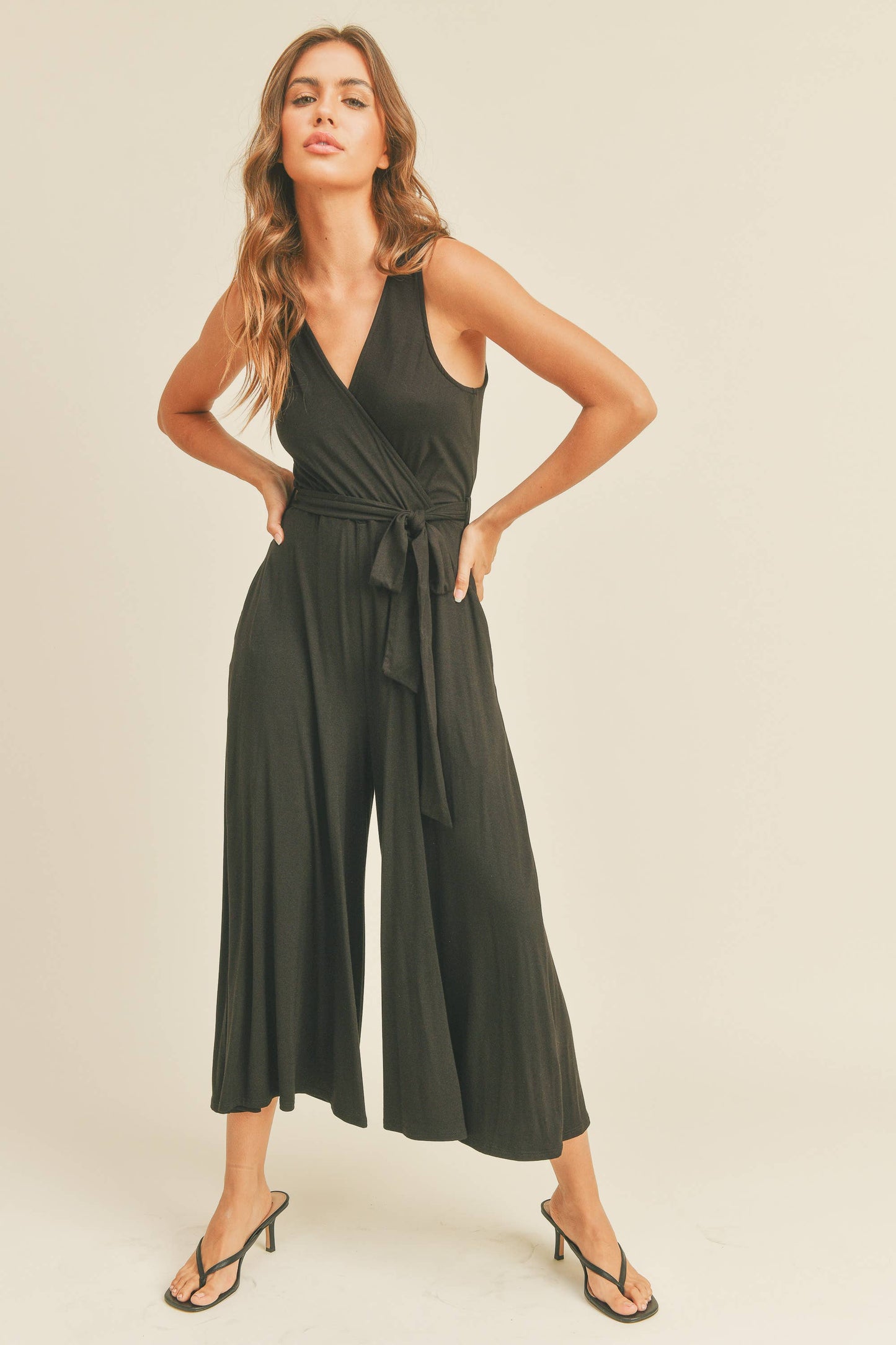 MIOU MUSE - Rayon Modal Sleeveless Surplice Jumpsuit