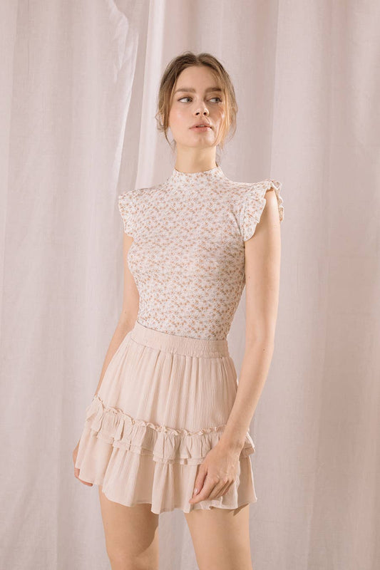 STORIA - Flower Print Capped Sleeves Knit Top
