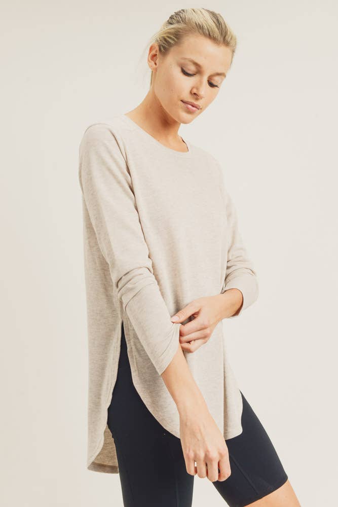 Mono B - Long Sleeve Flow Top with Side Slit - Natural