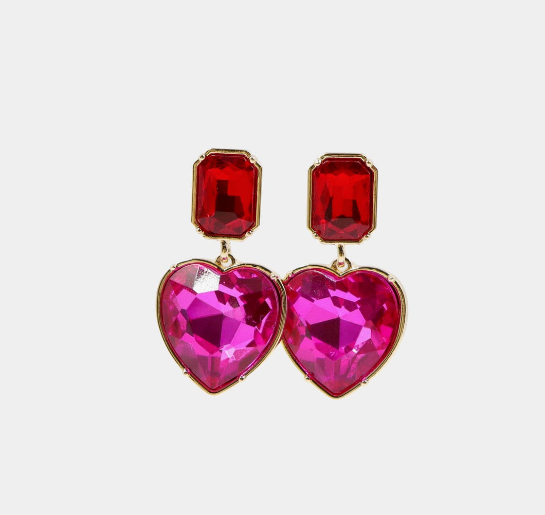 Brianna Cannon - Pink Crystal Heart Earrings with Red Crystal Top