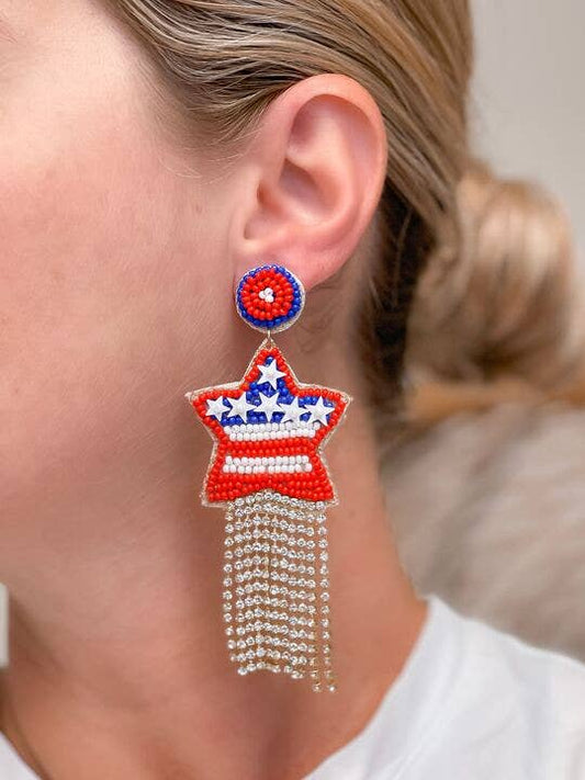 Prep Obsessed Wholesale - Beaded USA Star Tassel Drop Earrings