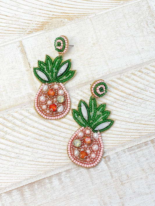 Prep Obsessed Wholesale - Pink Pearl Pineapple Beaded Dangle Earrings