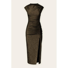 Dress Forum - Metallic Mock Neck Midi Slit Dress - Black/Gold