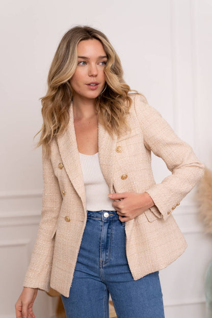 CHOKLATE PARIS - Tweed Double-Breasted Blazer Jacket - Beige