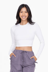 Mono B - Essential Micro-Ribbed Long-Sleeved Cropped Athleisure Top - White