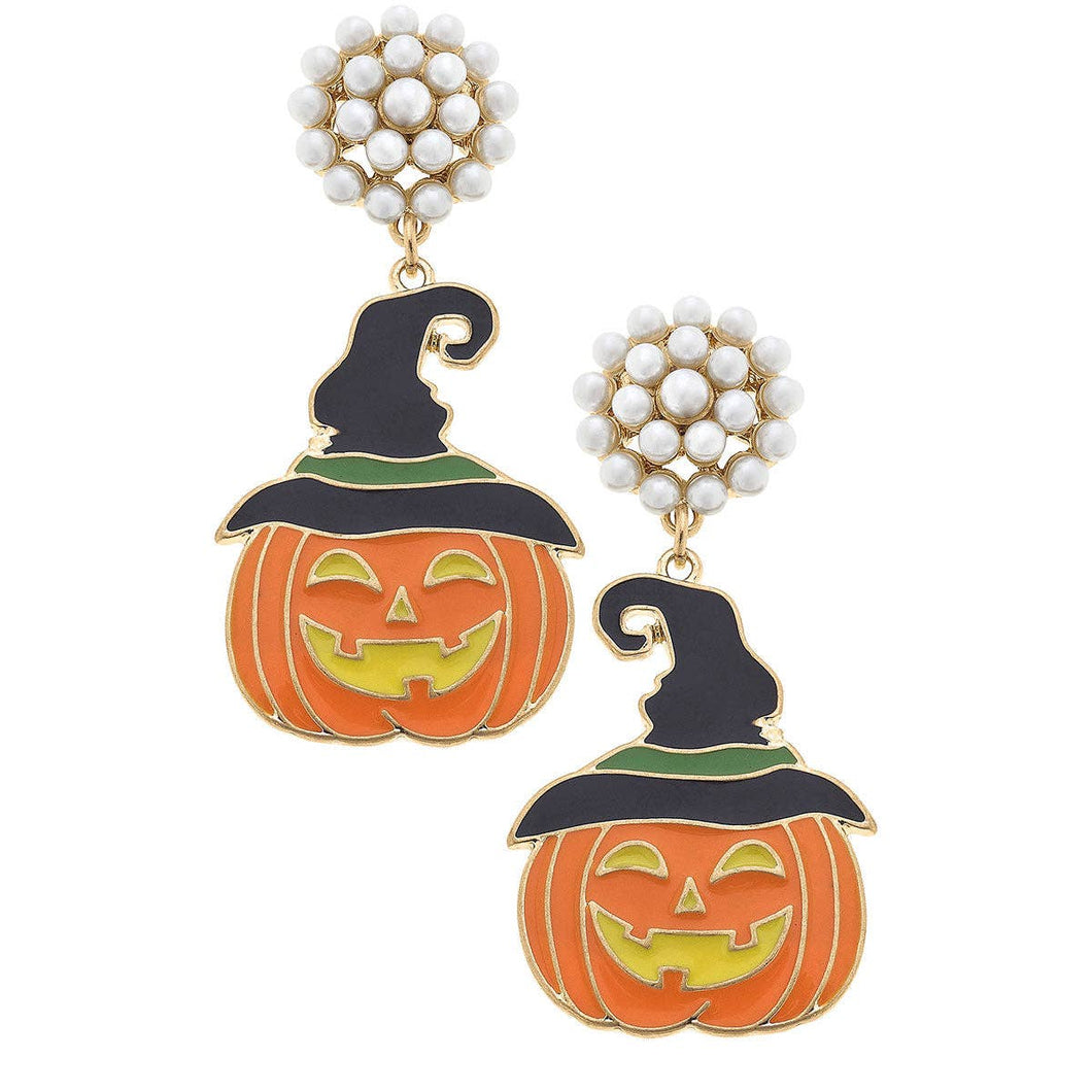 CANVAS Style - Halloween Enamel Jack O'Lantern Witch Hat Earrings in Orange