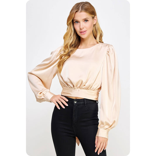 Open Back Tie Satin Blouse: Champagne / S