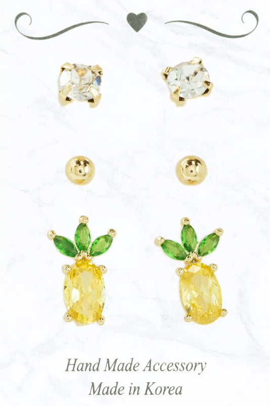 Suzie Q USA - 3 Piece Studs with pineapple Earrings Set