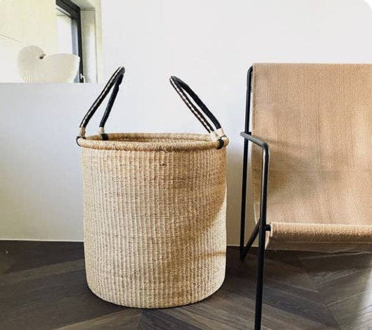 The African Home Goods - Ghana Natural Large Traditional Handwoven African Ghana Laundry Basket Natural Hamper basket - Black Handles