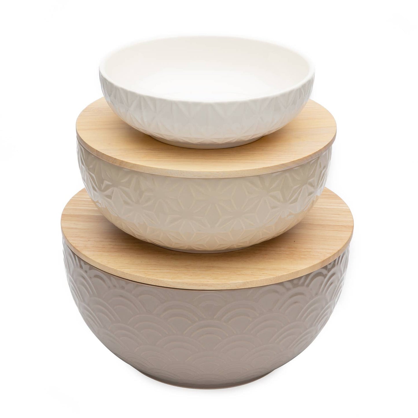 CounterArt and Highland Home - Set of 3 Ceramic Salad/Mixing Bowls with 2 Sealing Wood Lids
