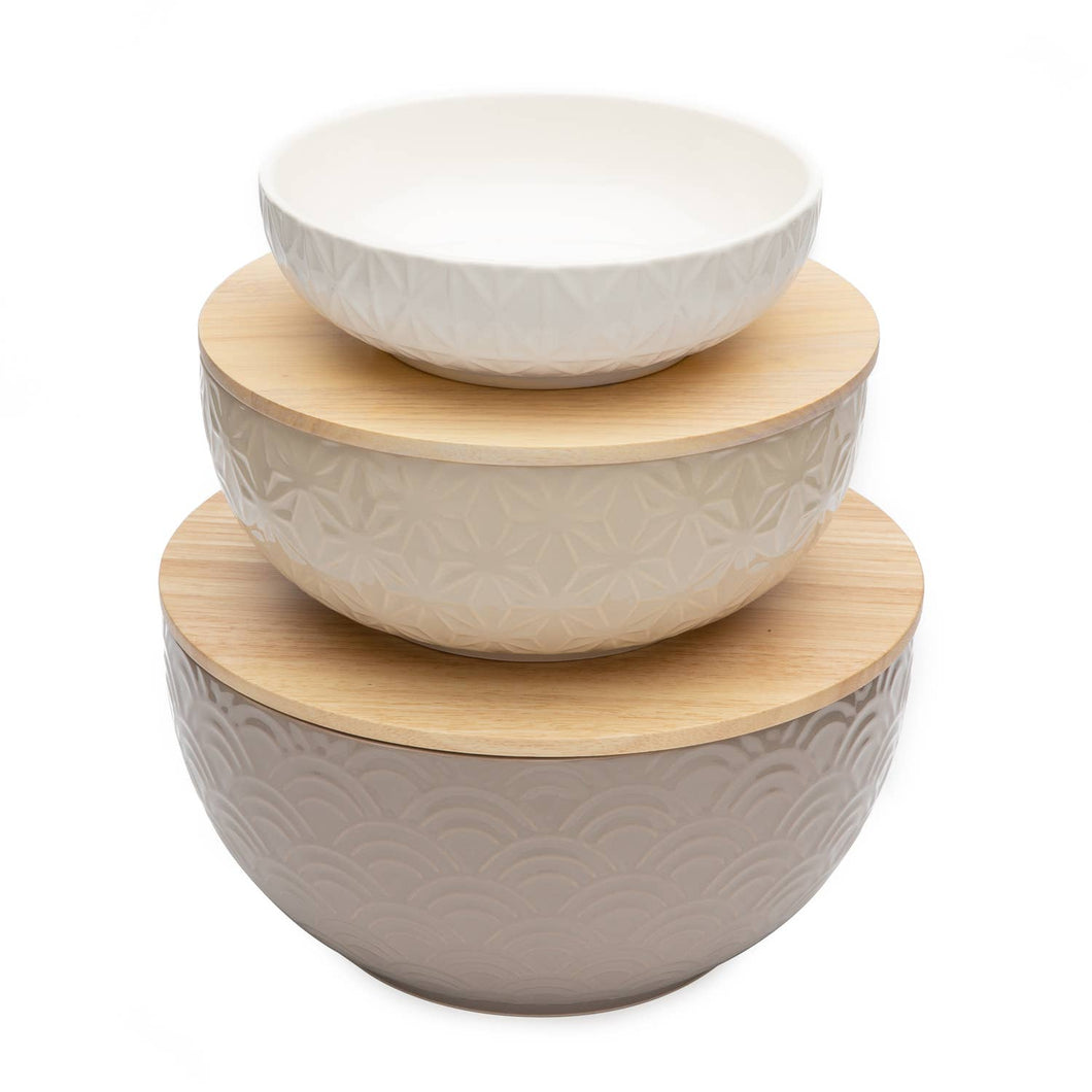 CounterArt and Highland Home - Set of 3 Ceramic Salad/Mixing Bowls with 2 Sealing Wood Lids
