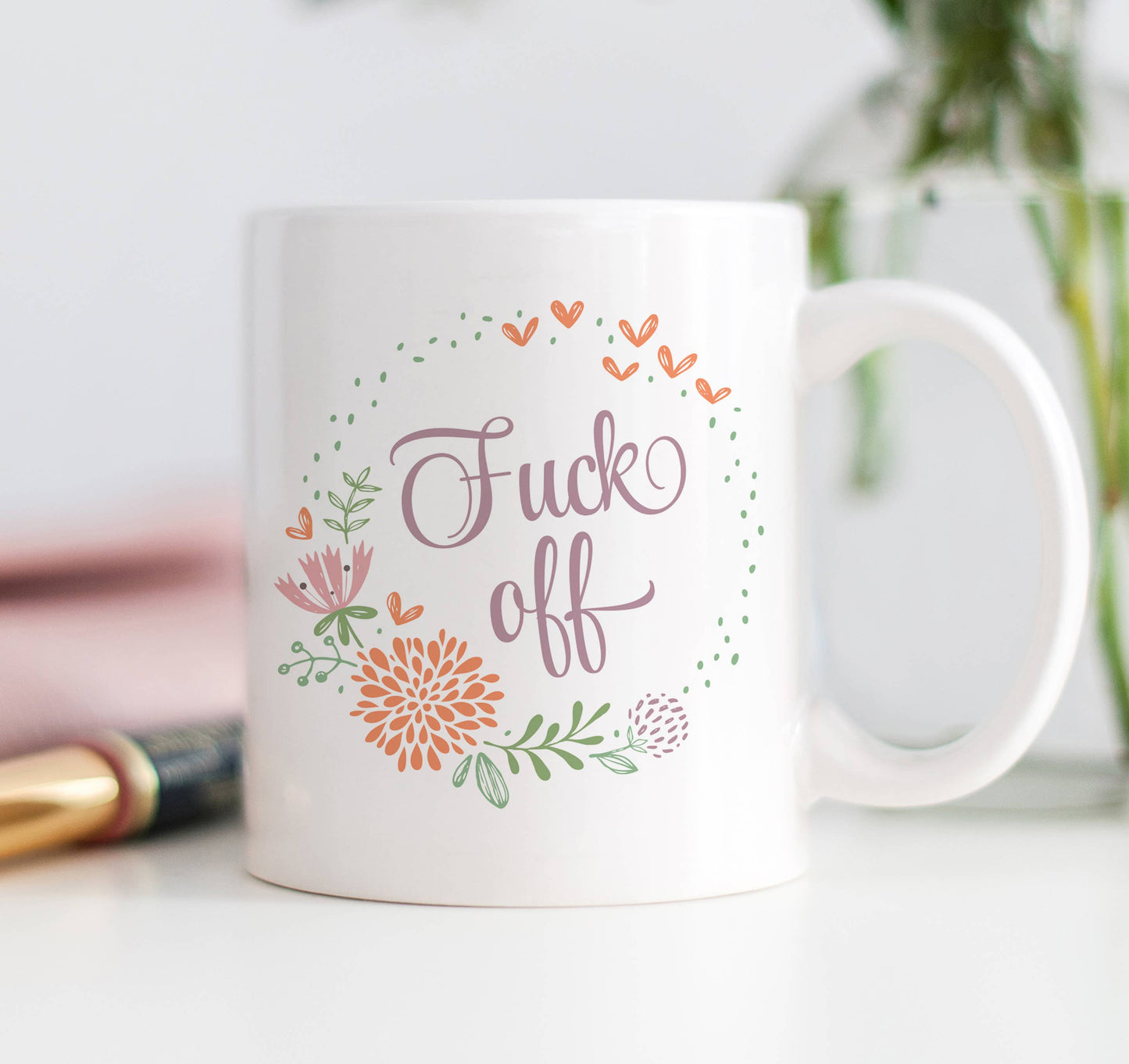 Digibuddha - Fuck Off Mug, Funny Floral Curse Swear Word Quote Coffee Cup