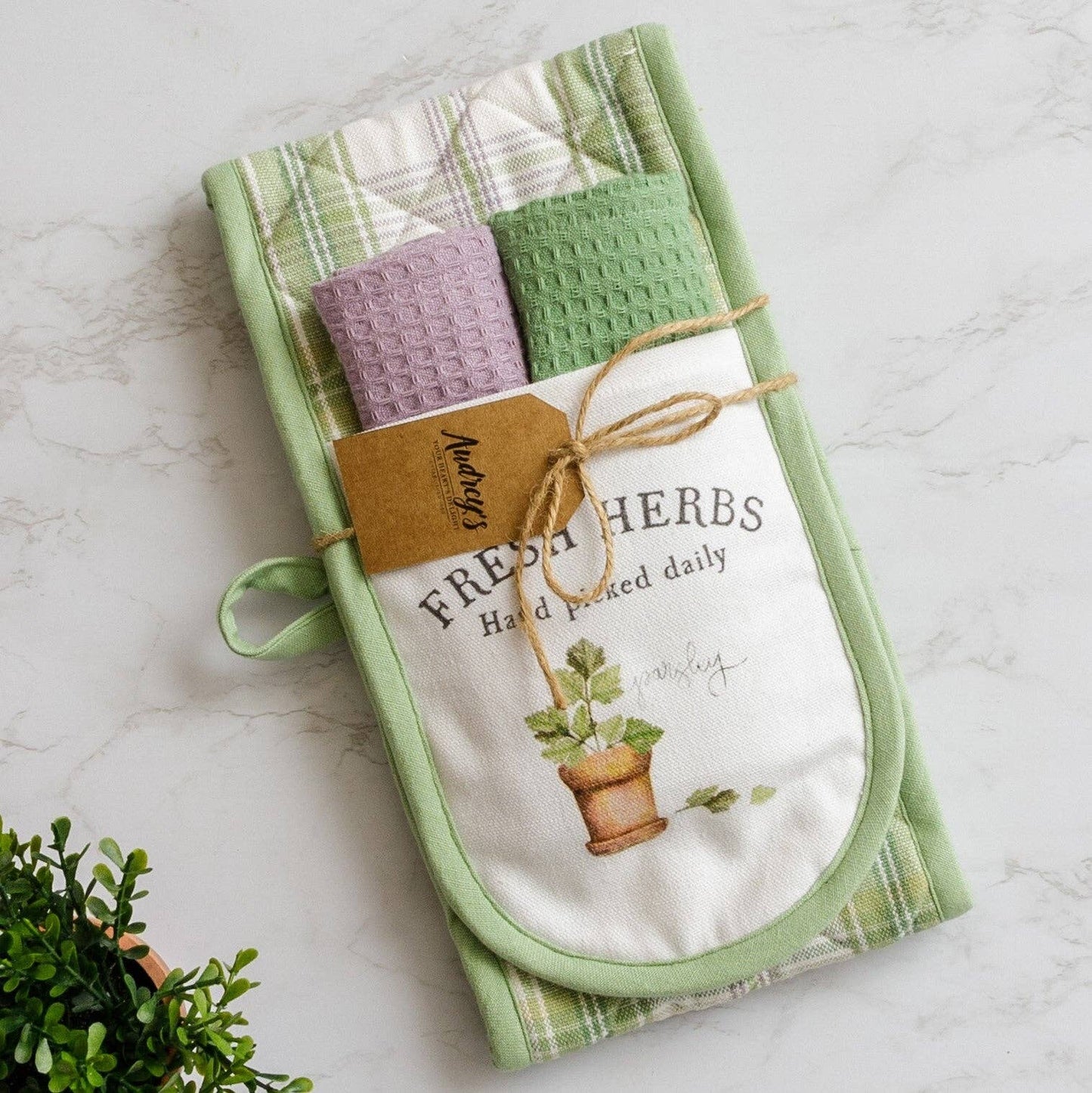 Audrey's - Double Oven Mitt Gift Set With Dish Cloths - Fresh Herbs