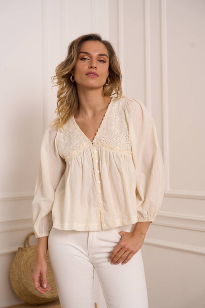 CHOKLATE PARIS - Cotton and Lace Bi-Material Blouse - Ecru