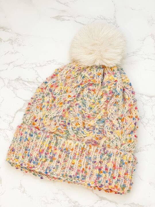 Prep Obsessed Wholesale - Confetti Cable Knit Pom Beanie