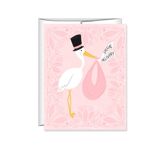 Pen & Paint - Special Delivery, Girl Baby Shower Card, Baby gift, Pink