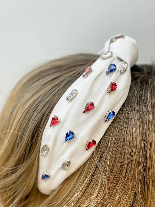 Prep Obsessed Wholesale - Patriotic Top Knot Jewel Headbands - White