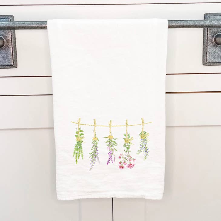 Indigo Tangerine - Herbs on a Line - Cotton Tea Towel