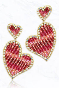 OBX Prep  - Double Heart Shape Seed Bead Drop Earrings