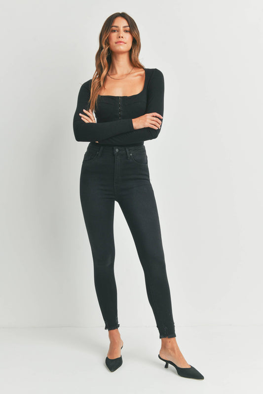 Just Black Denim - High Rise Distressed Fray Skinny - Washed Black