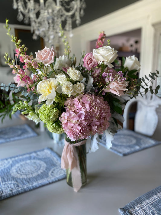 Arrangement - Tall Glass Vase Pink & White